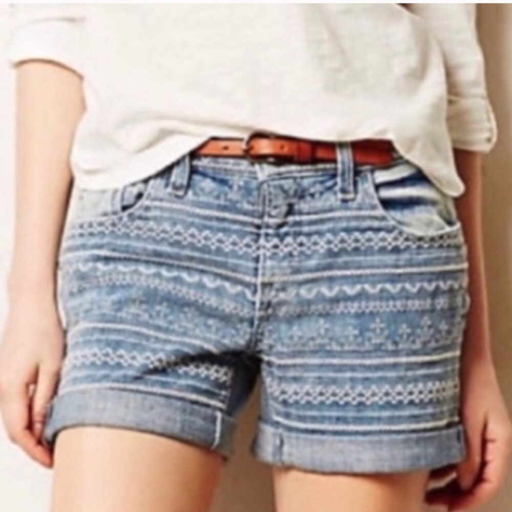 Anthro Pilcro Embroidered Stet Midi Shorts Cuffed